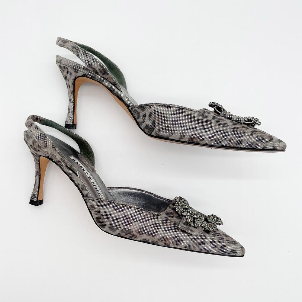 Manolo Blahnik Vintage Carolyne Silver Leopard Crystal Slingback Heels IT 36.5 - Picture 4 of 12